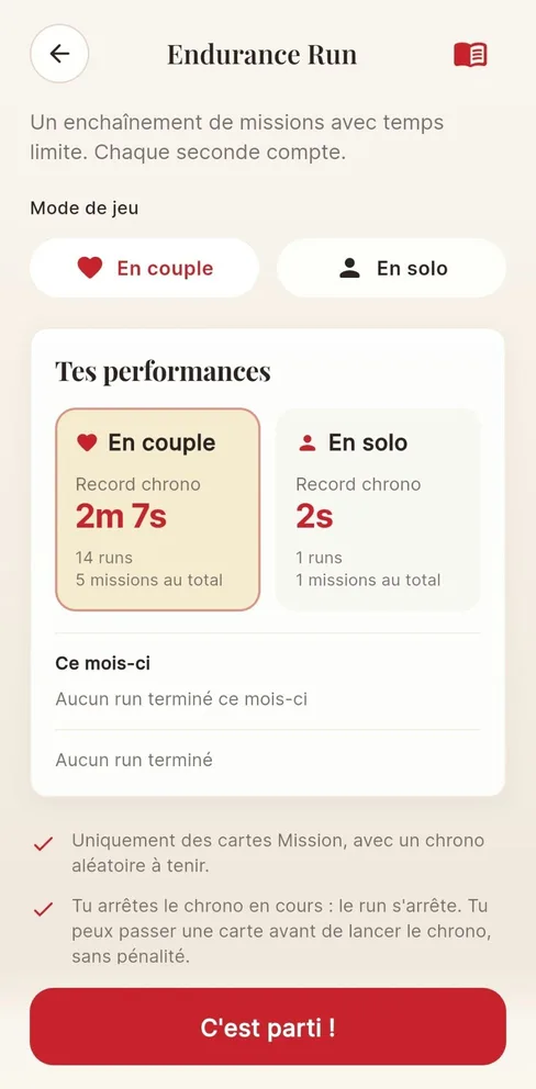 Écran Endurance Run : mode de jeu, performances et records en couple et en solo