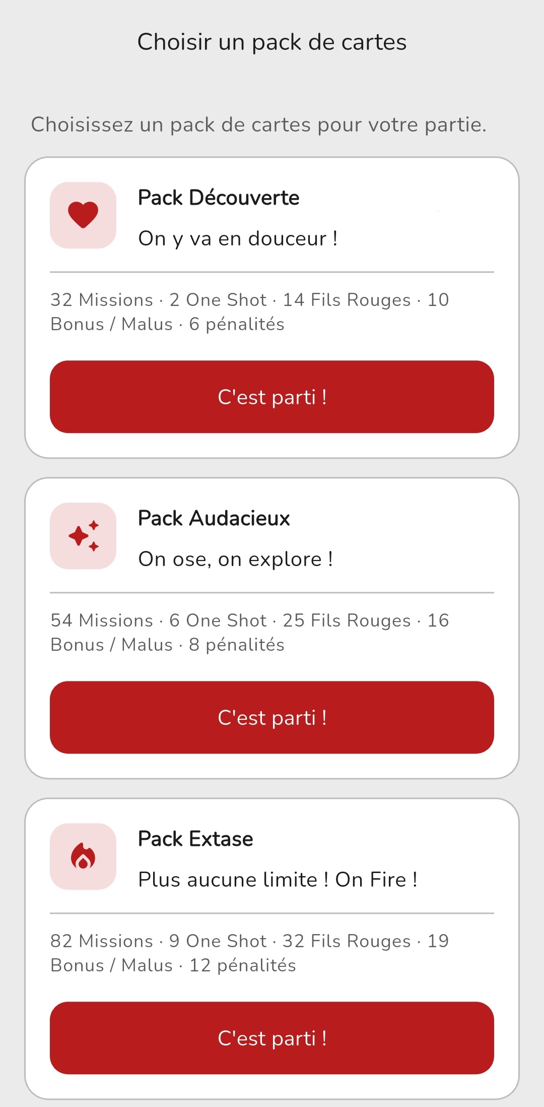 Pack de cartes dans l’app EnFeu